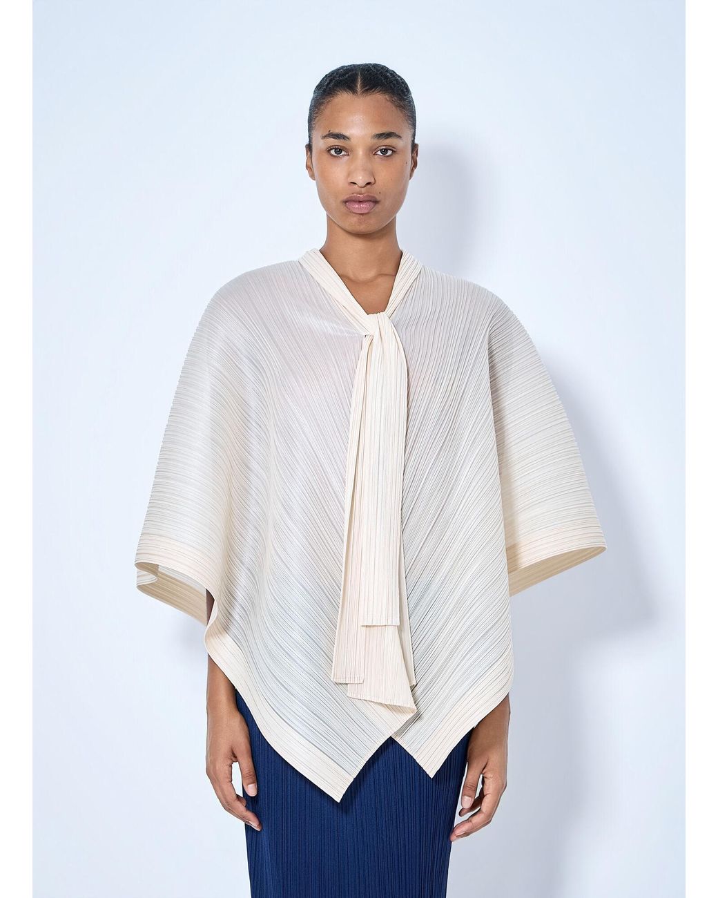 Pleats Please Issey Miyake White Pleated Cape Blouse