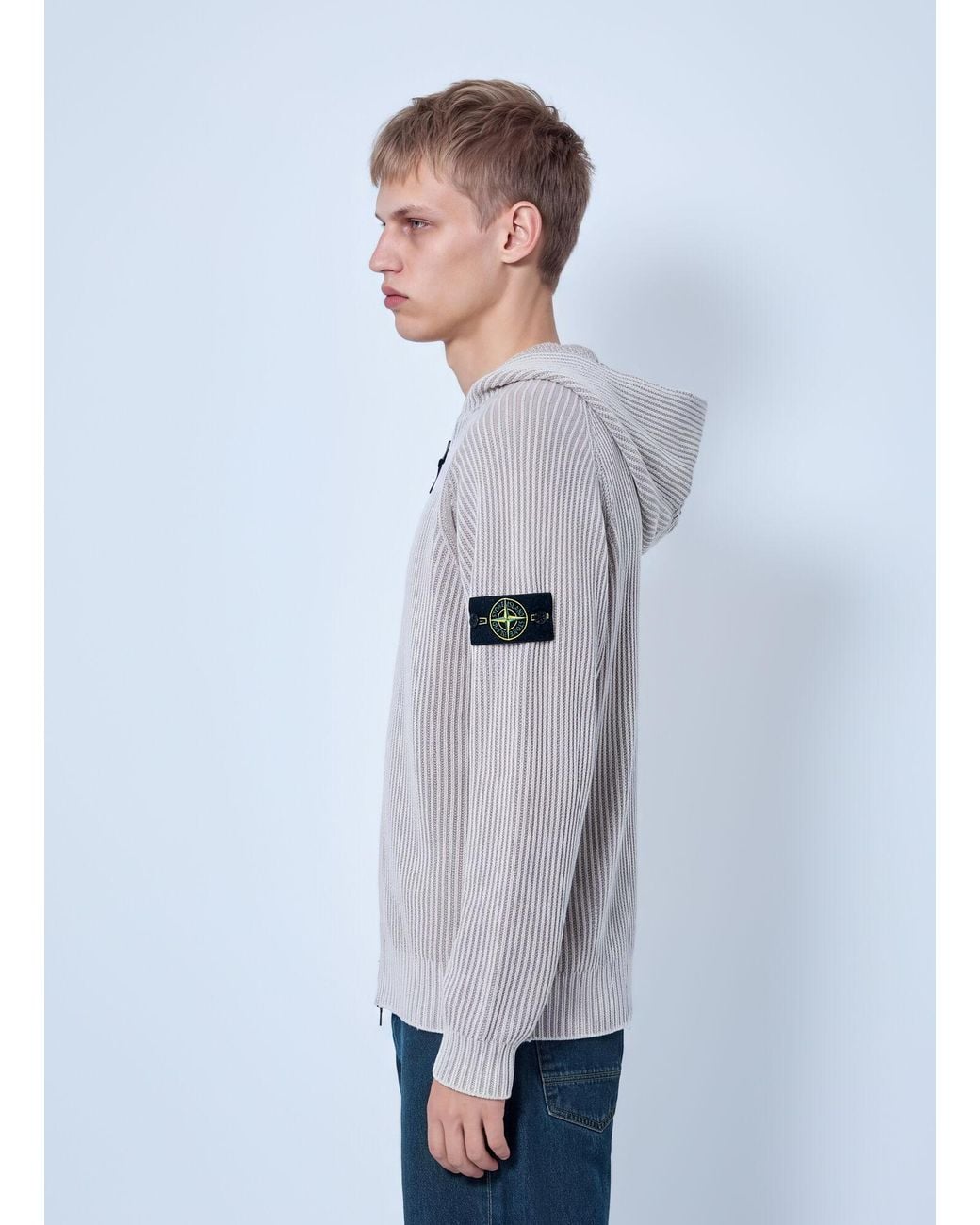 Stone Island Gray Ribbed Knit Hoodie for men