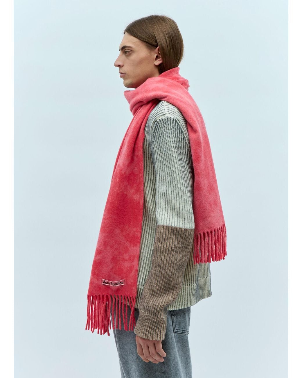 Acne Red Narrow Tie-Dye Wool Scarf for men