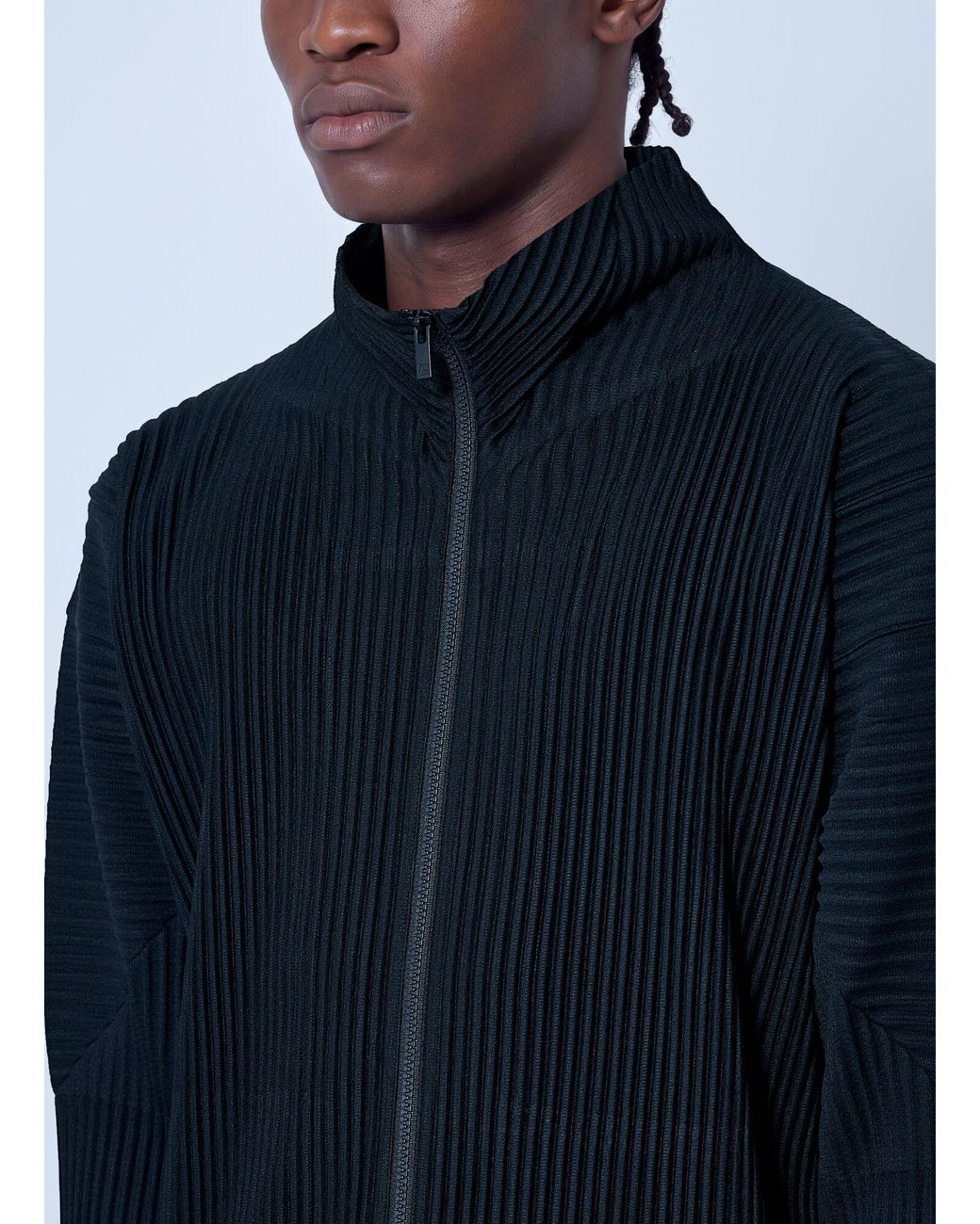 Homme Plissé Issey Miyake Blue Pleated High Neck Cardigan for men