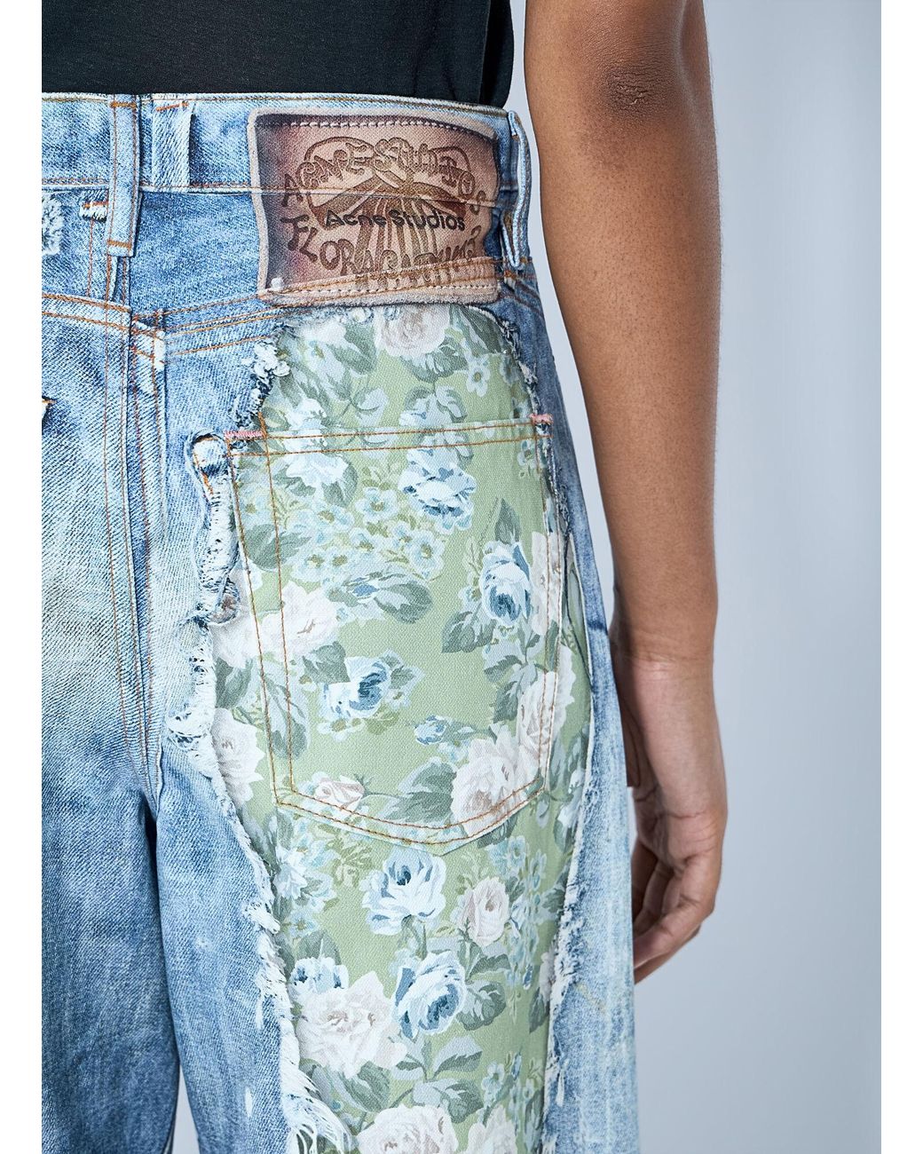 Acne Blue Distressed Floral Patchwork Jeans