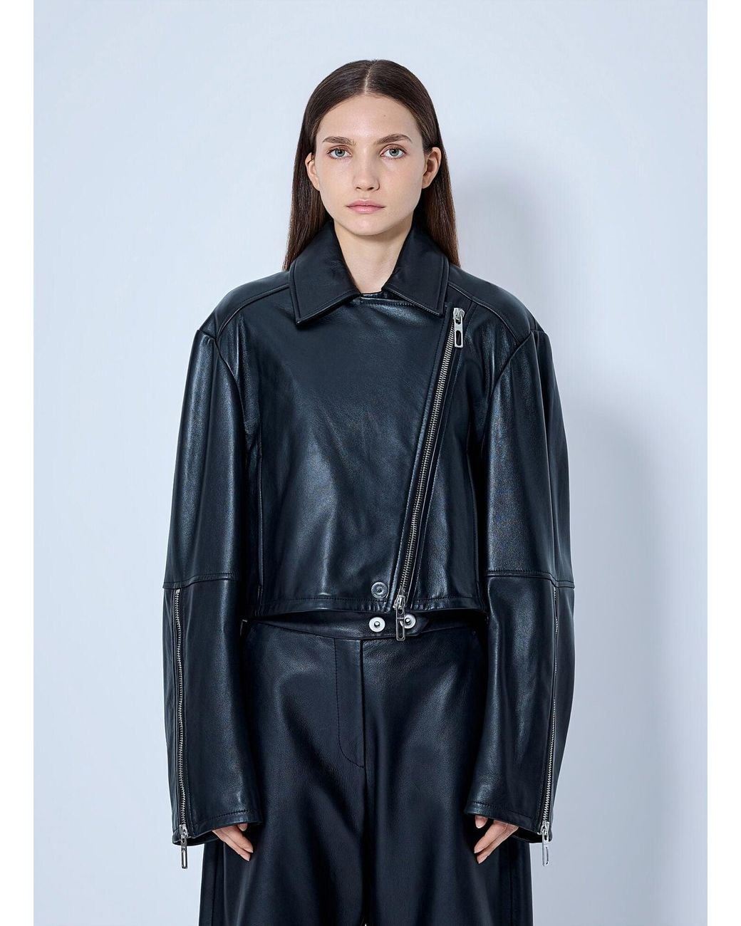 Sportmax Blue Leather Asymmetrical Zip Jacket