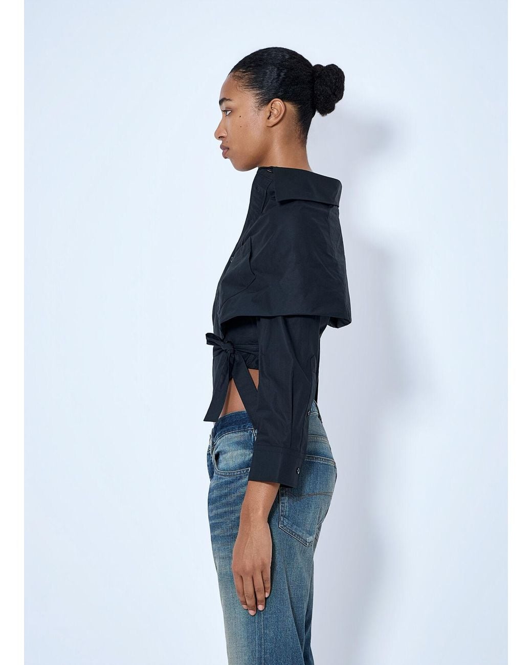 Balenciaga Blue Off-Shoulder Wrap Shirt