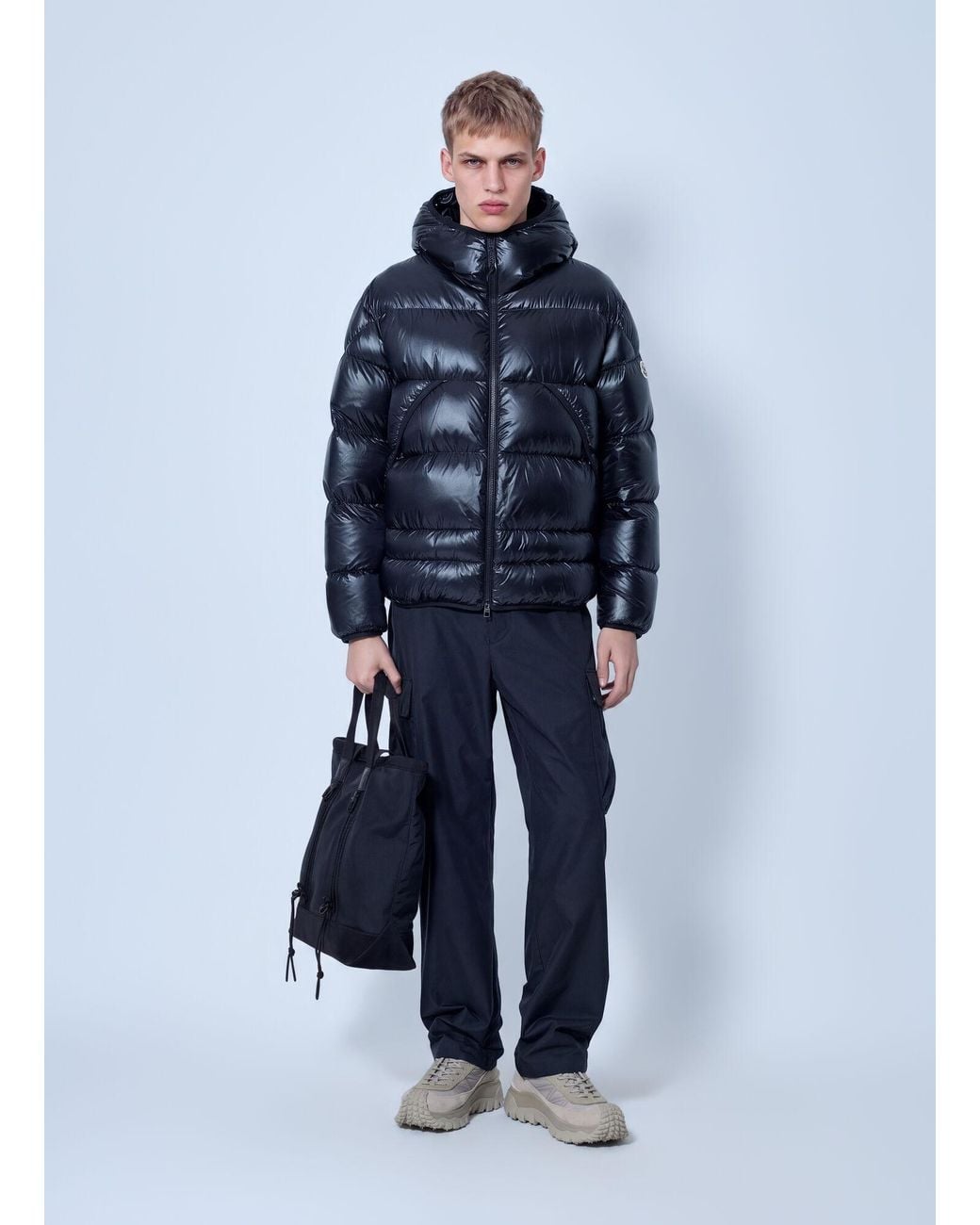 Moncler Blue Anapo Hooded Mid-length Down Jacket for men