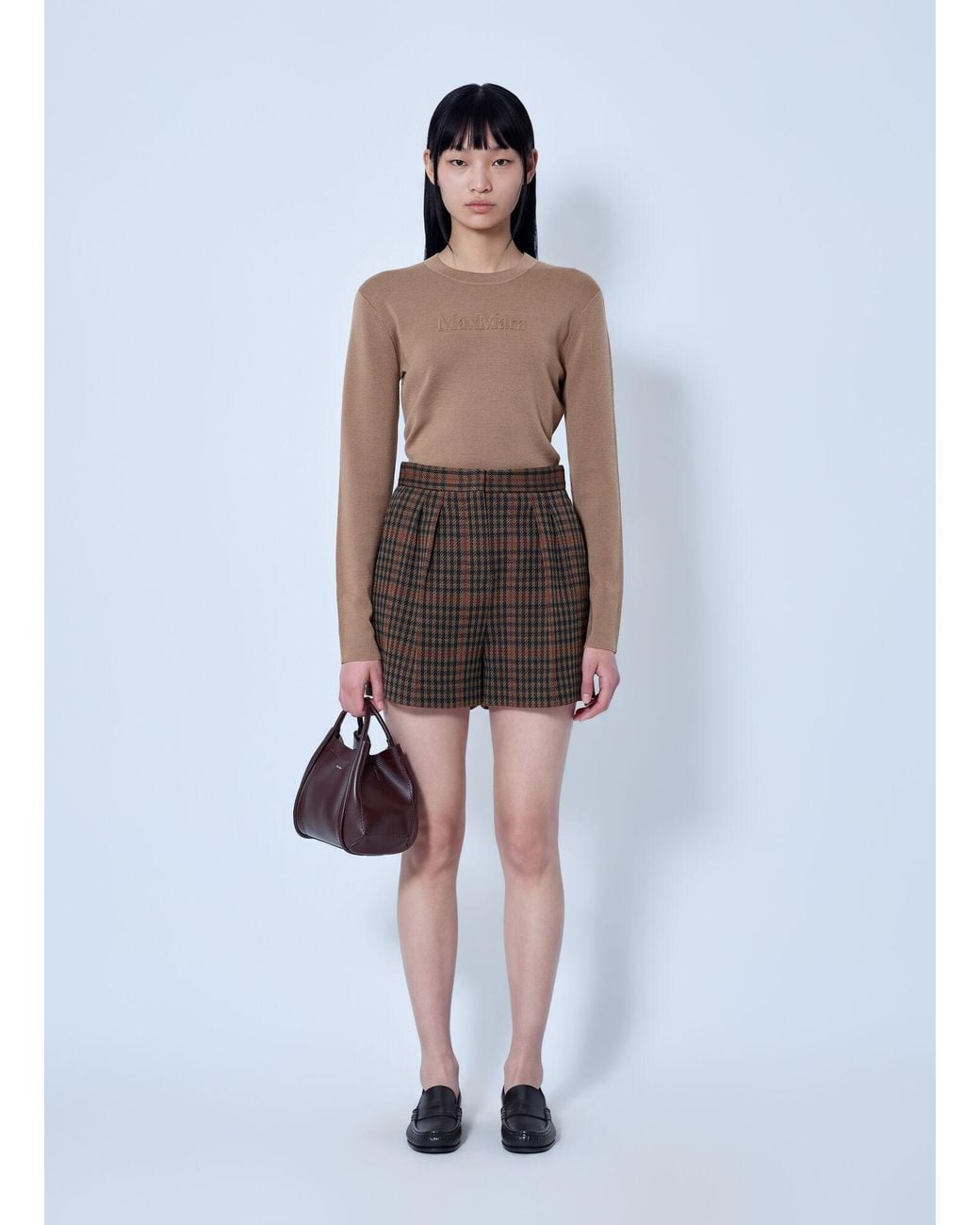Max Mara Brown Pleated Check Shorts