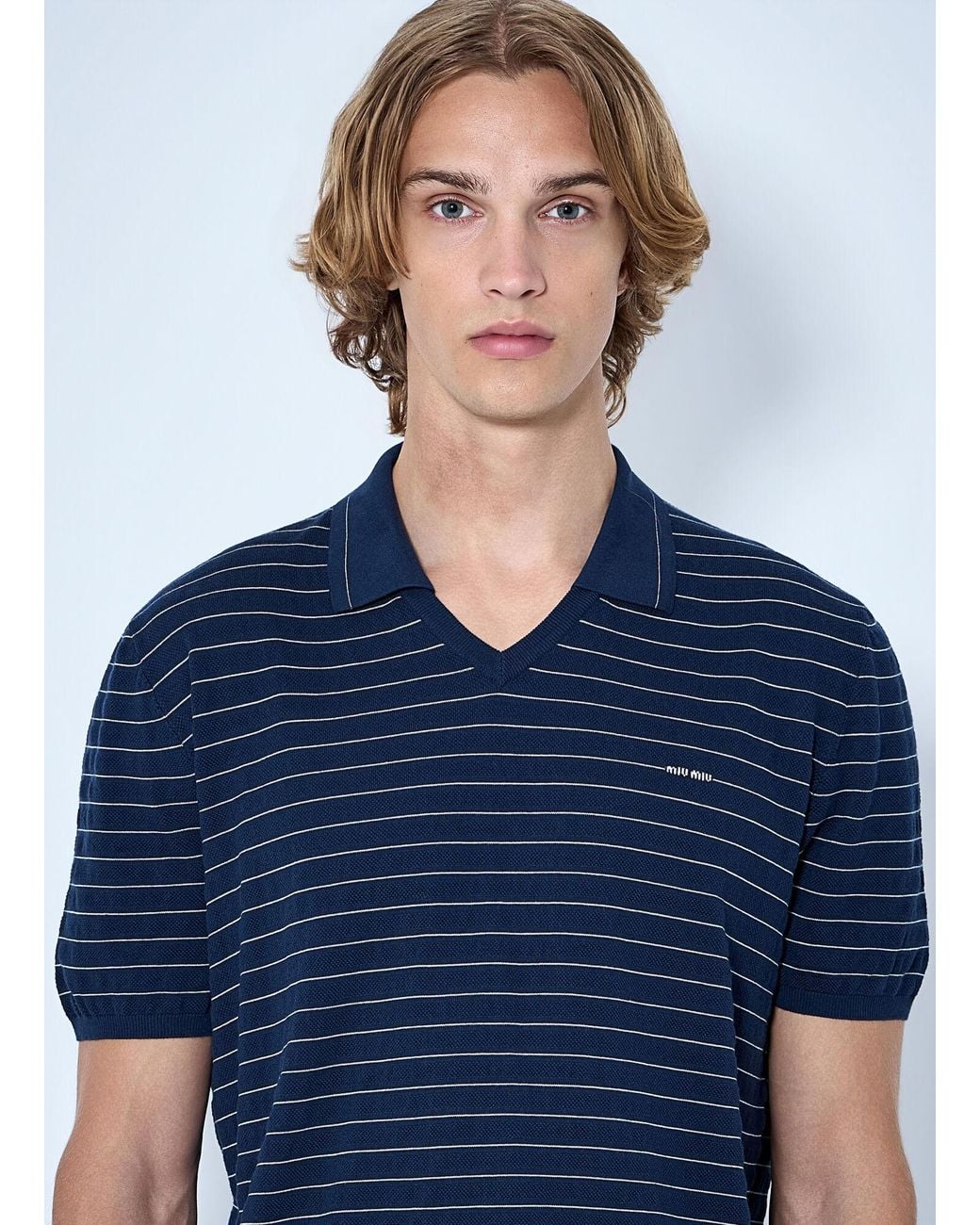 Miu Miu Blue Striped V-Neck Polo Shirt for men