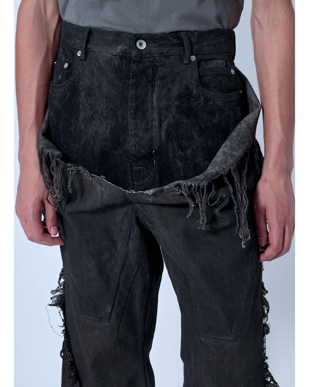 Rick Owens Black Shredded Denim Slivered Bootcut Jeans for men