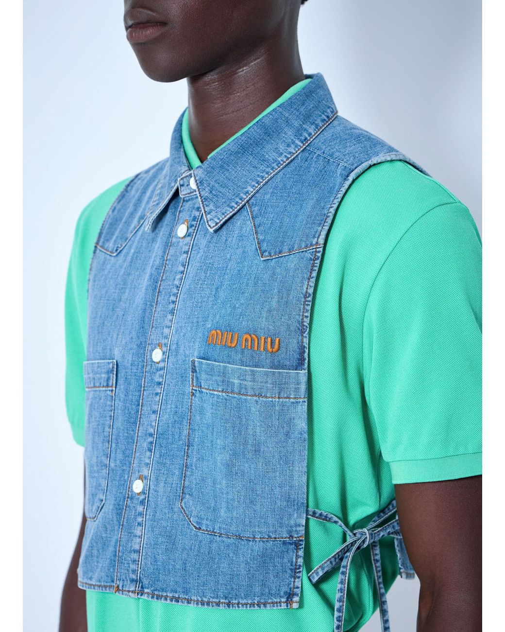 Miu Miu Blue Cropped Chambray Tie Shirt for men