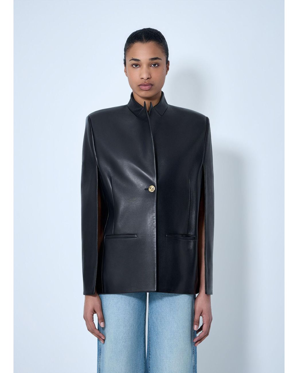 Khaite Blue Single-Breasted Leather Jacket