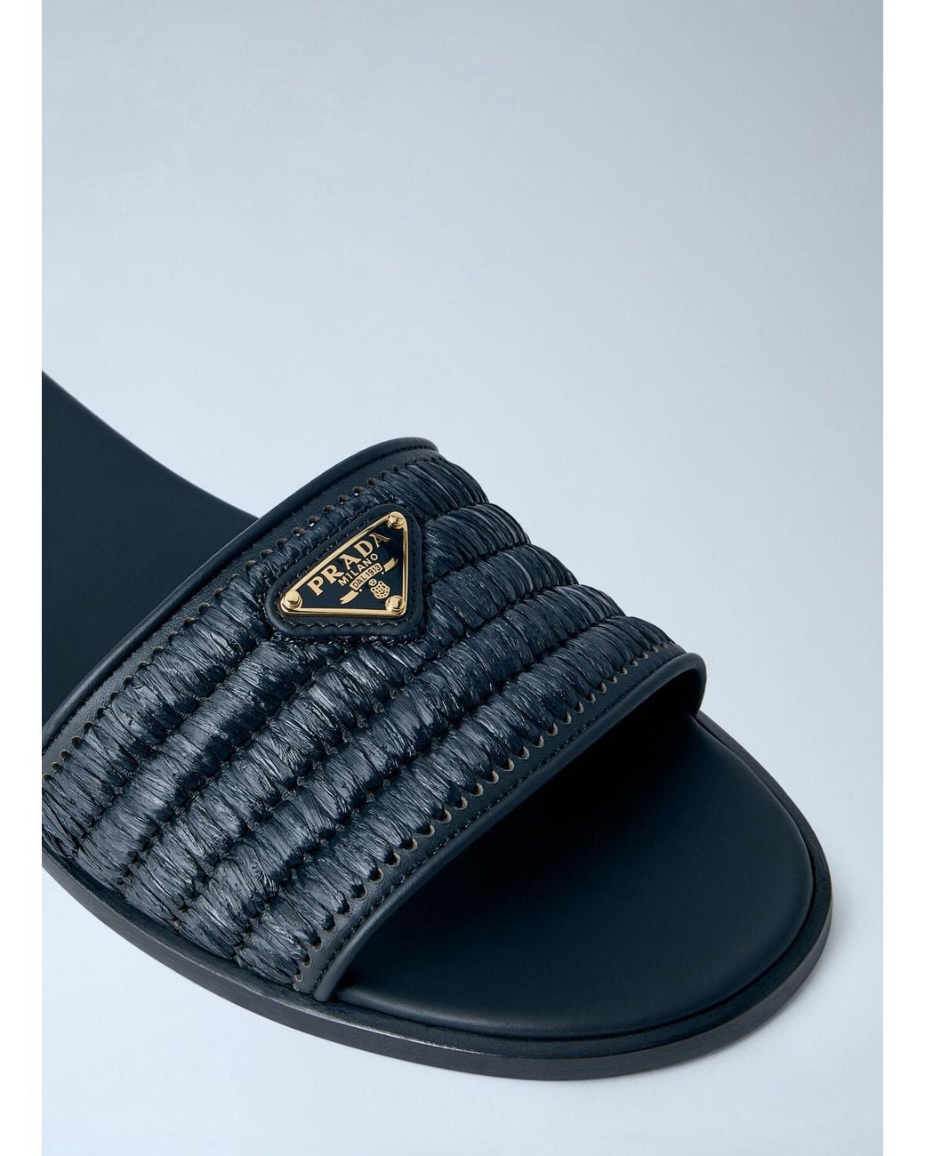 Prada Blue Leather Slides With Crochet Details