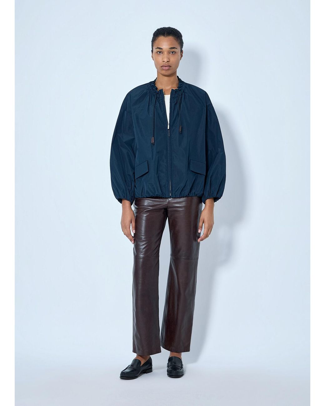 Max Mara Blue Leather Wide-Leg Trousers