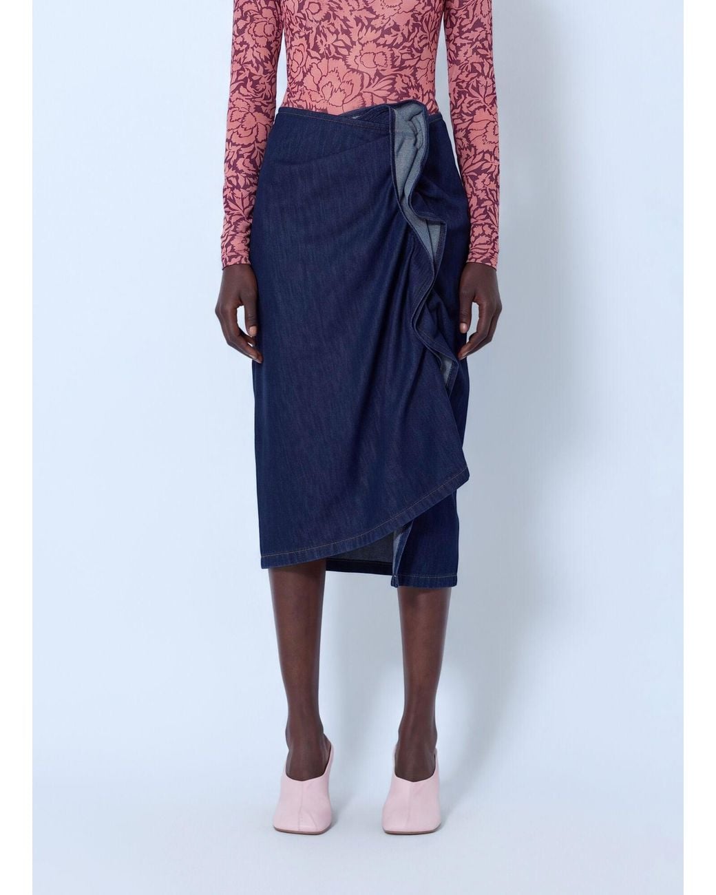 Dries Van Noten Blue Sinas Ruffle Denim Midi Skirt