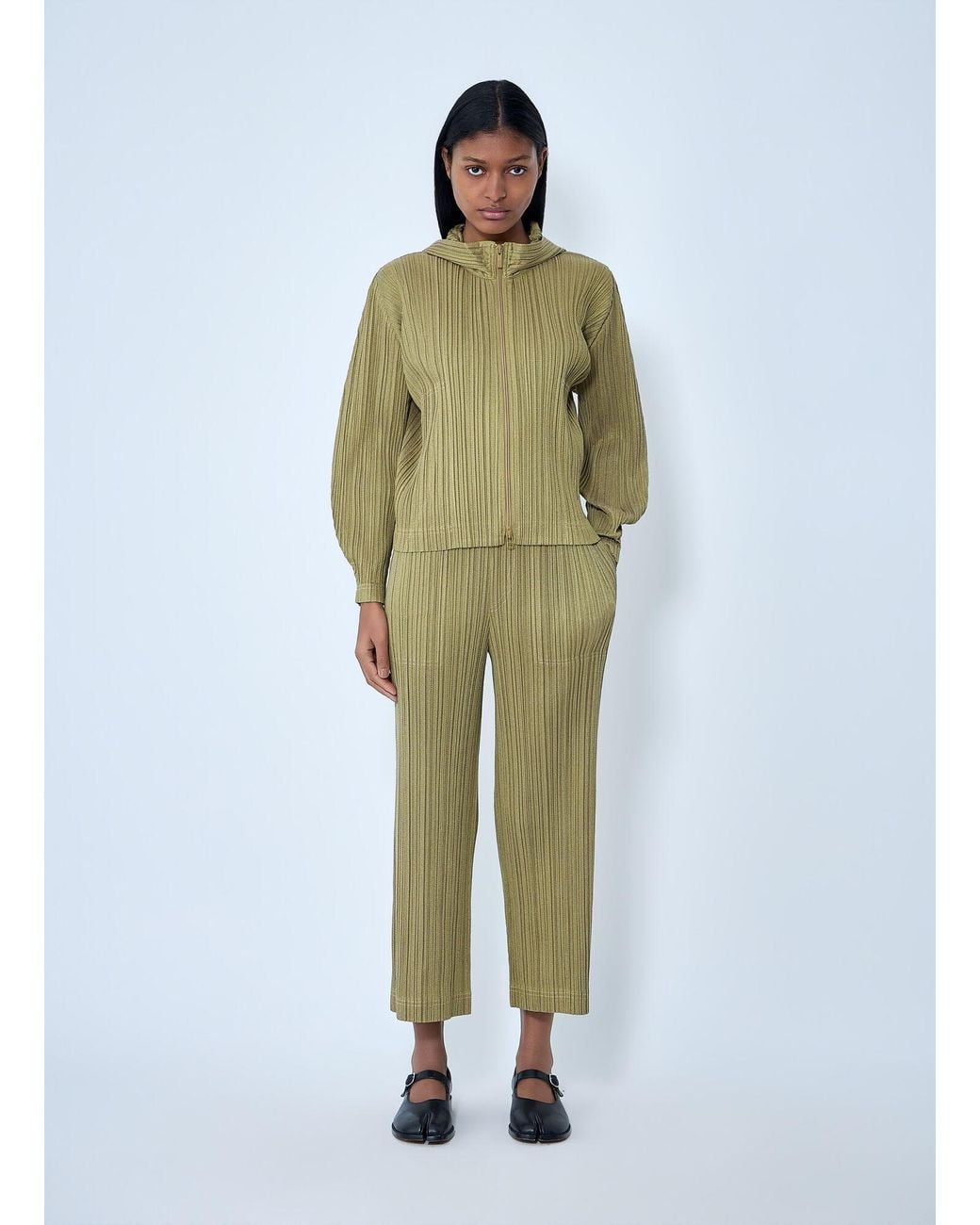 Pleats Please Issey Miyake Green Ribbed Knit Pants