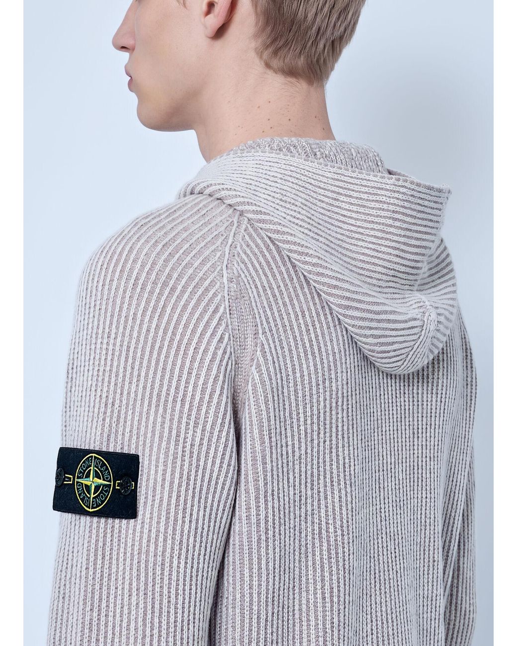 Stone Island Gray Ribbed Knit Hoodie for men
