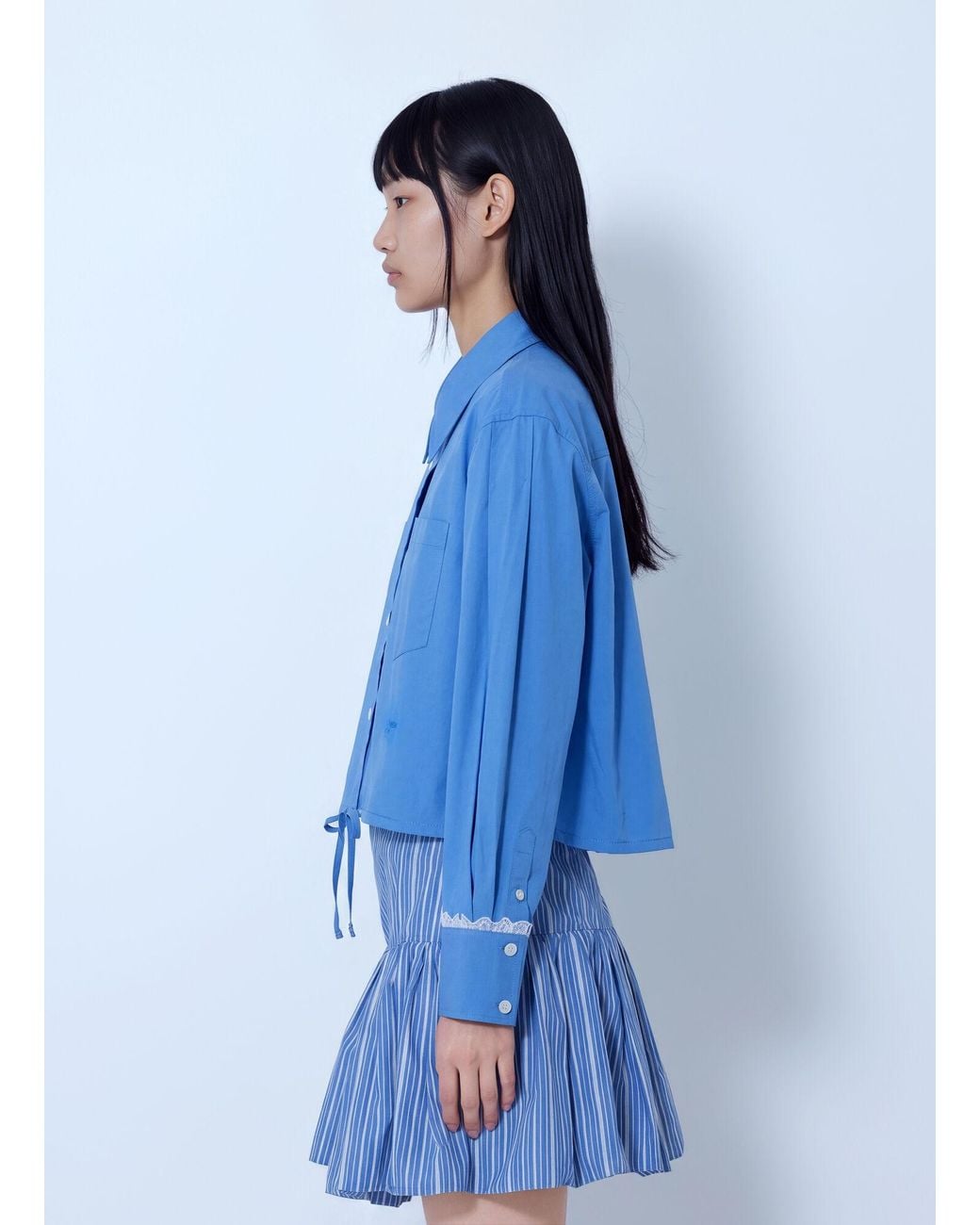 Ganni Blue Stretch Cotton Cropped Bowling Shirt