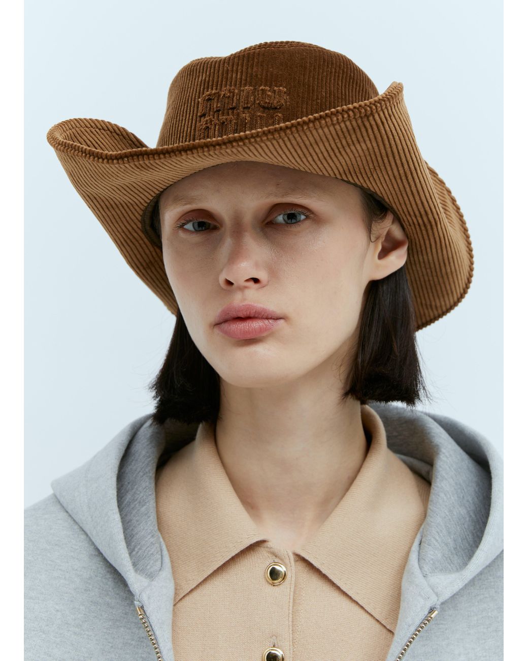 Miu Miu Canvas Sun Hat with Frayed Edges and Embossed Logo Miu Miu Wide Brim Sun Hat in Beige & Amaranto | FWRD main image 2