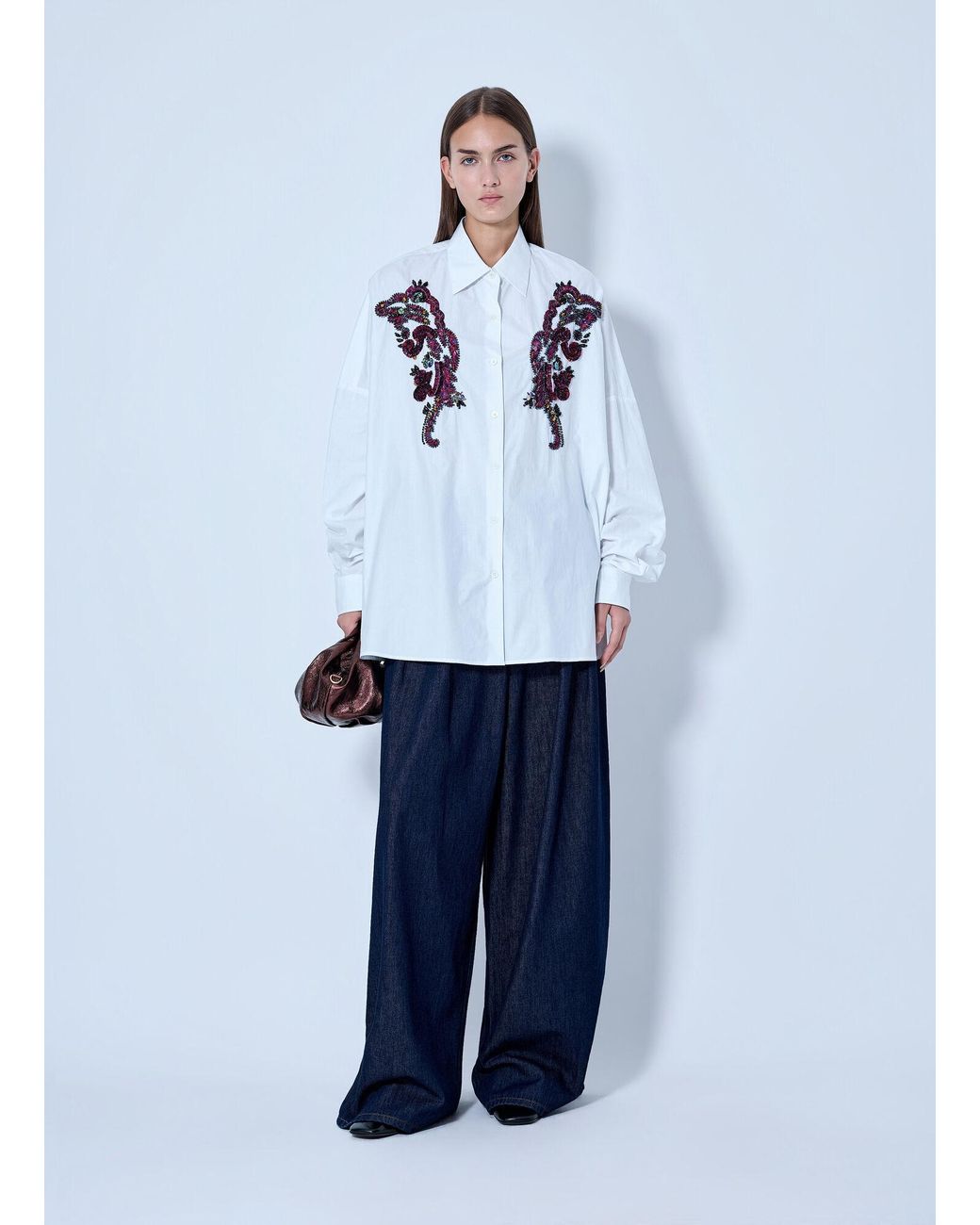 Dries Van Noten Blue Embroidered Casia Oversized Shirt