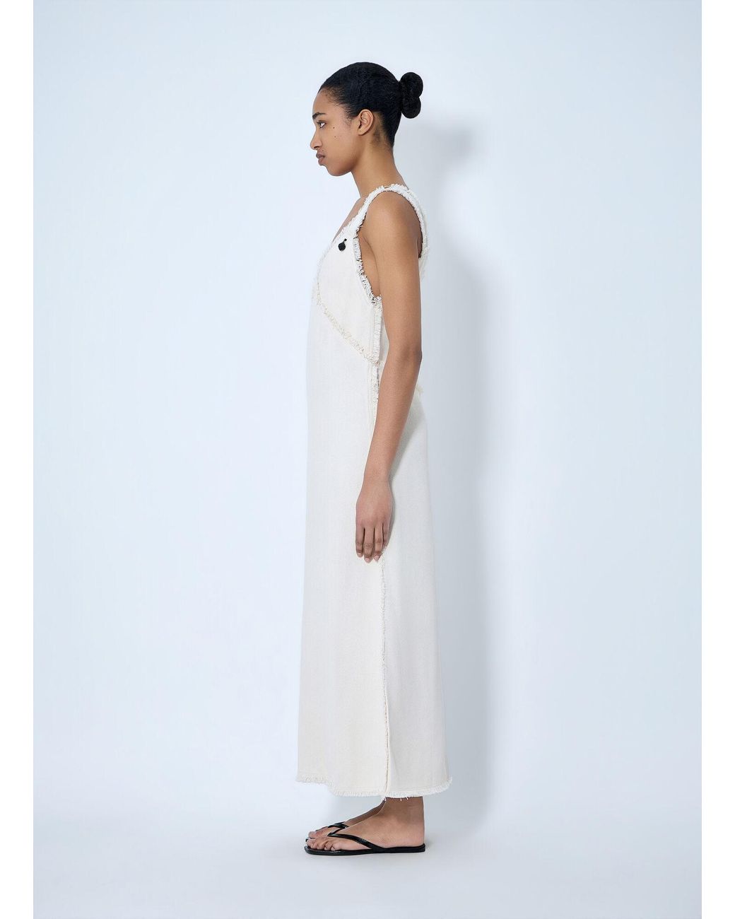 Totême  White Bouclé Maxi Dress With Frayed Edges