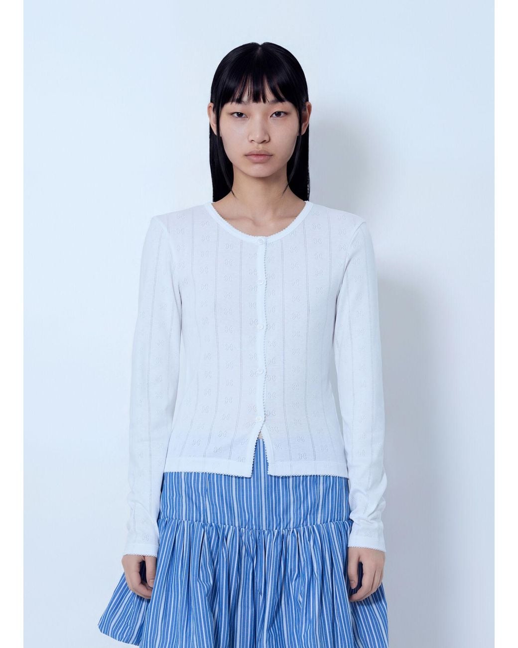 Ganni White Compact Pointelle Rib Jersey Top