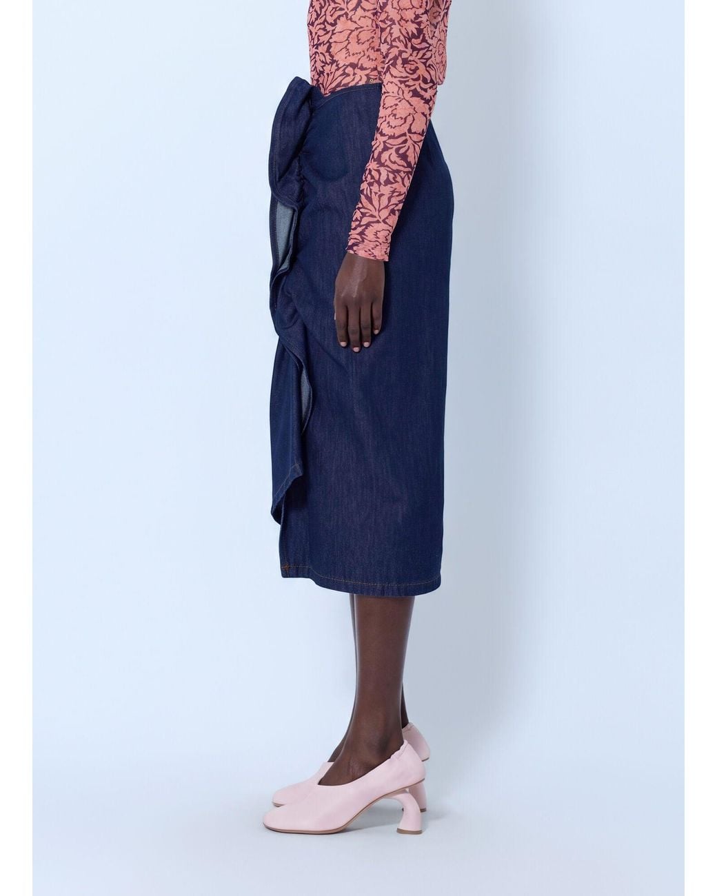 Dries Van Noten Blue Sinas Ruffle Denim Midi Skirt