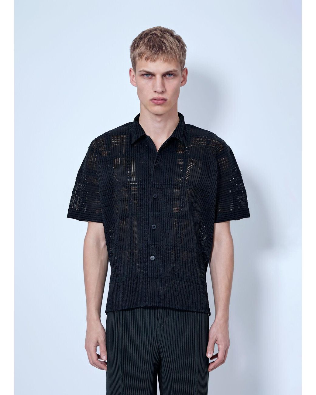Homme Plissé Issey Miyake Blue Lace Grid Pleats Shirt for men