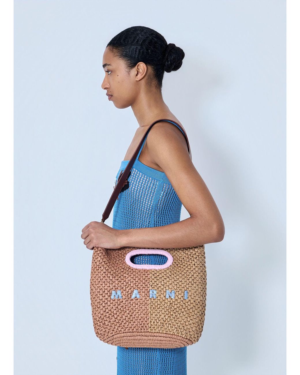 Marni Blue Woven Tote Bag With Logo Detail