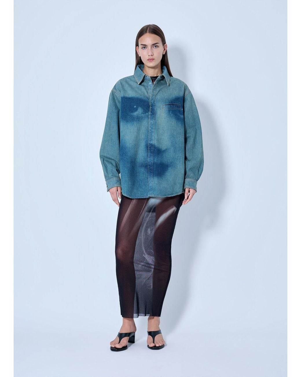 Jean Paul Gaultier Blue Face Print Oversized Denim Shirt