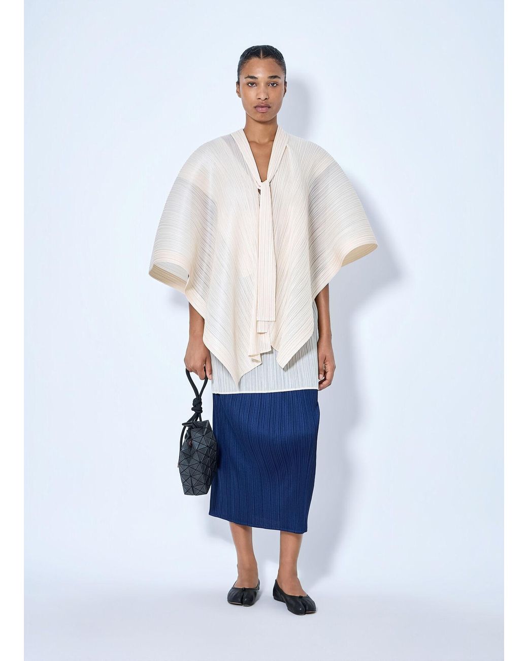 Pleats Please Issey Miyake White Pleated Cape Blouse