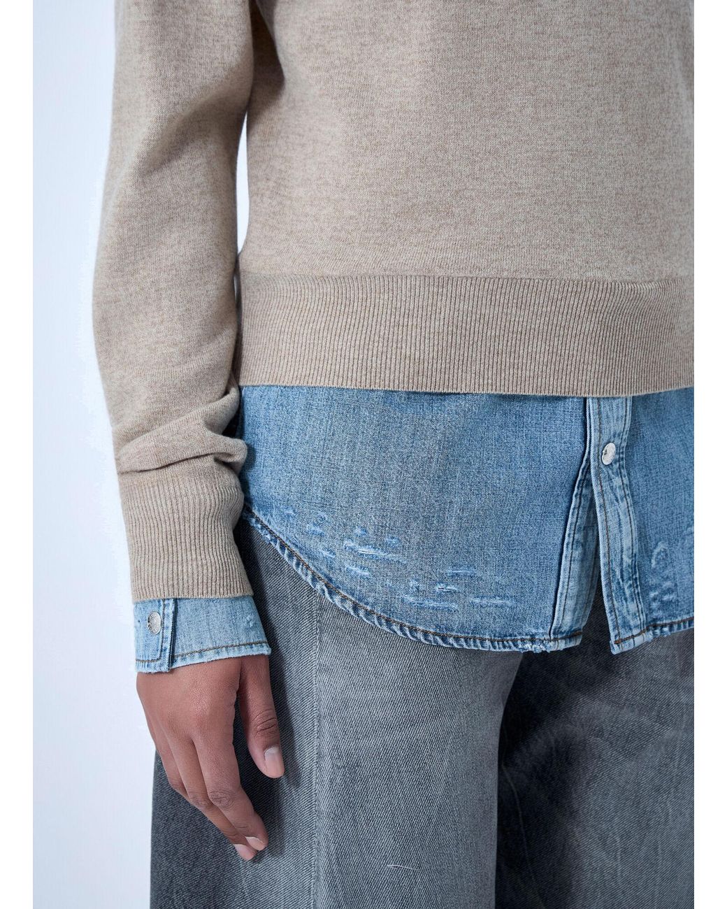 Acne Blue Layered Knit Sweater With Denim Shirt Detail