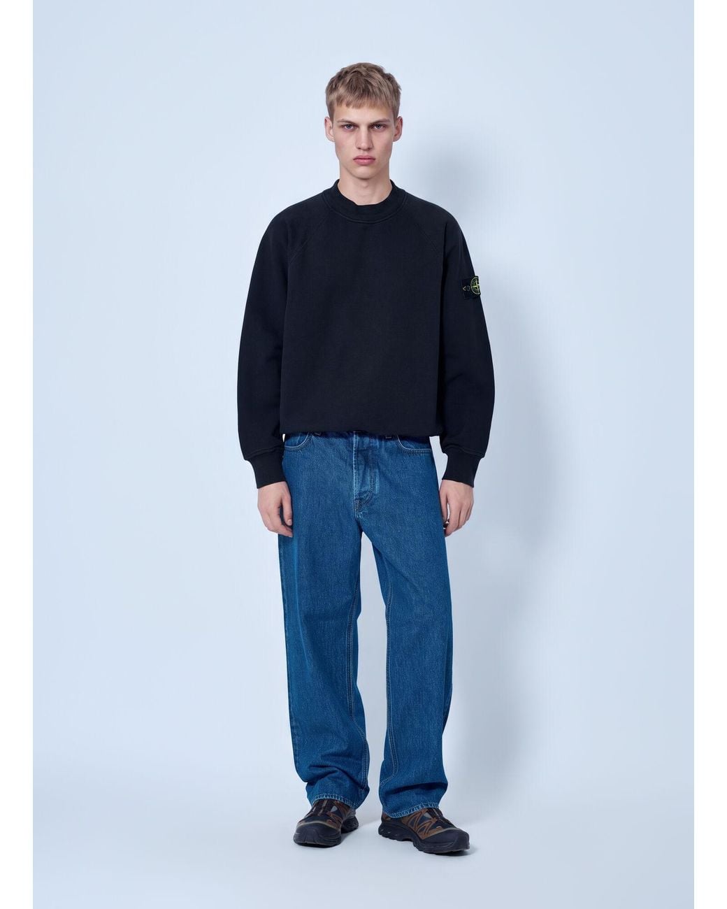 Stone Island Blue Crewneck Sweatshirt With Sleeve Logo Patch for men