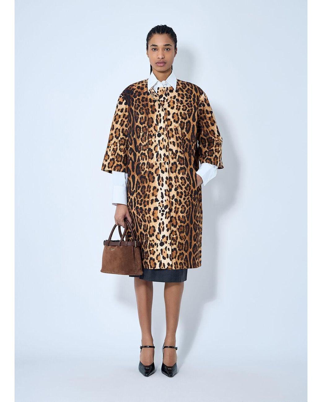Prada White Single-Breasted Leopard Print Drill Coat