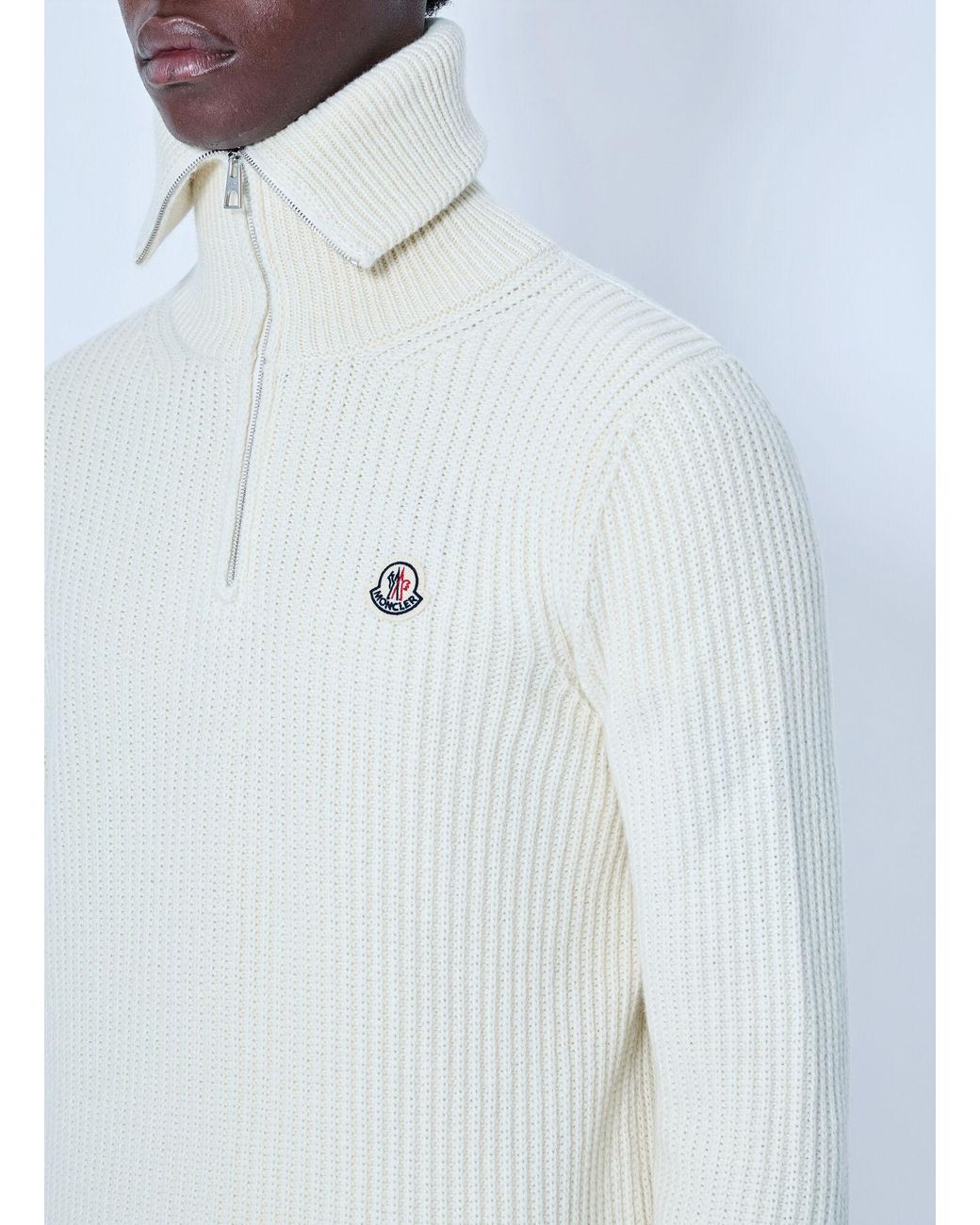 Moncler White Ribbed Cotton Sweater for men