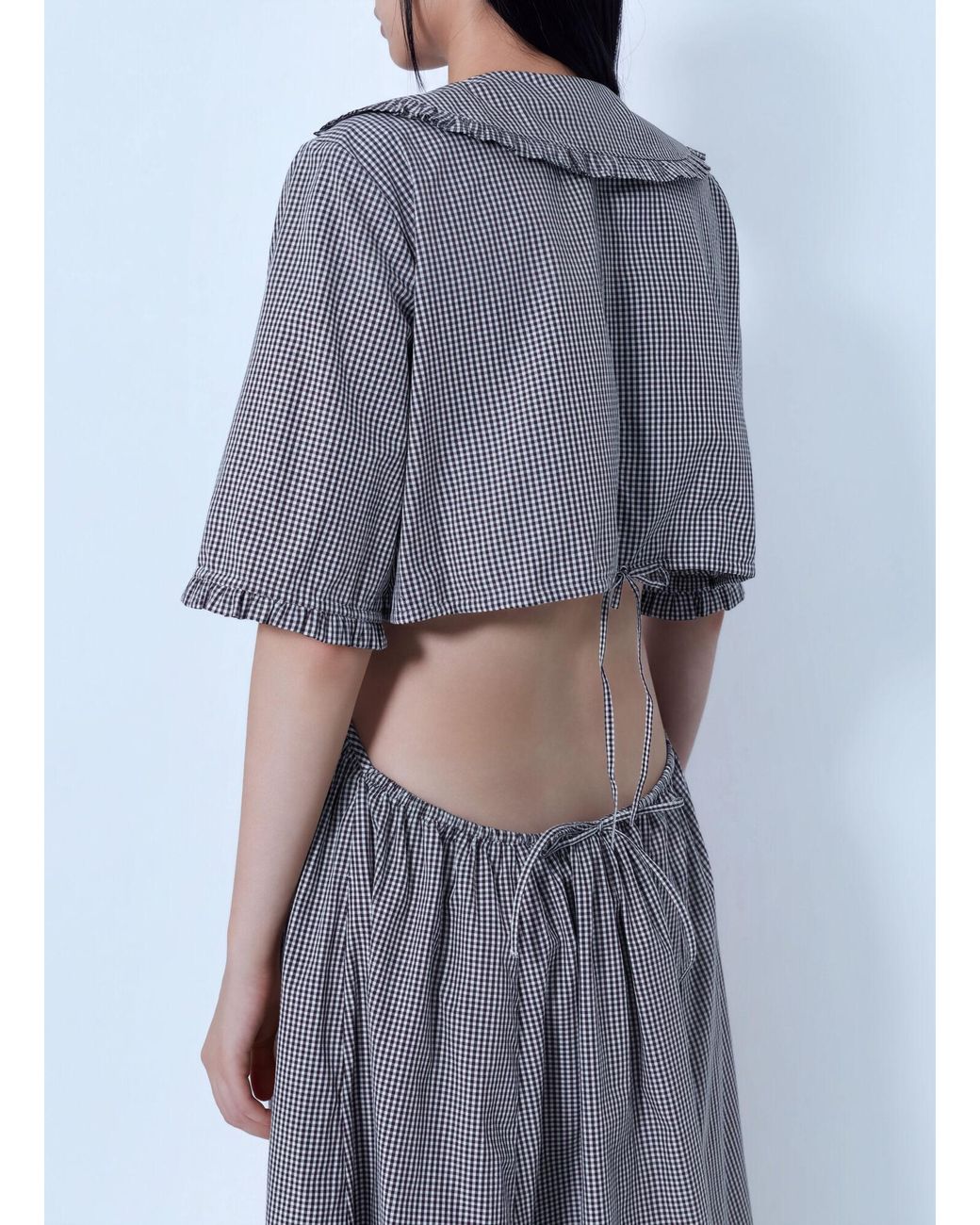 Ganni Blue Check Cotton Cut Out Midi Dress