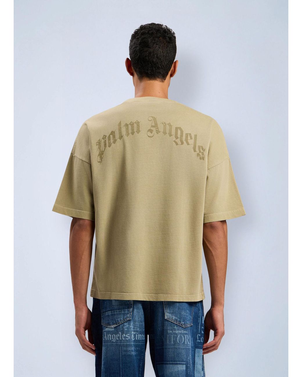 Palm Angels Green Curved Logo Loose Collar T-Shirt for men