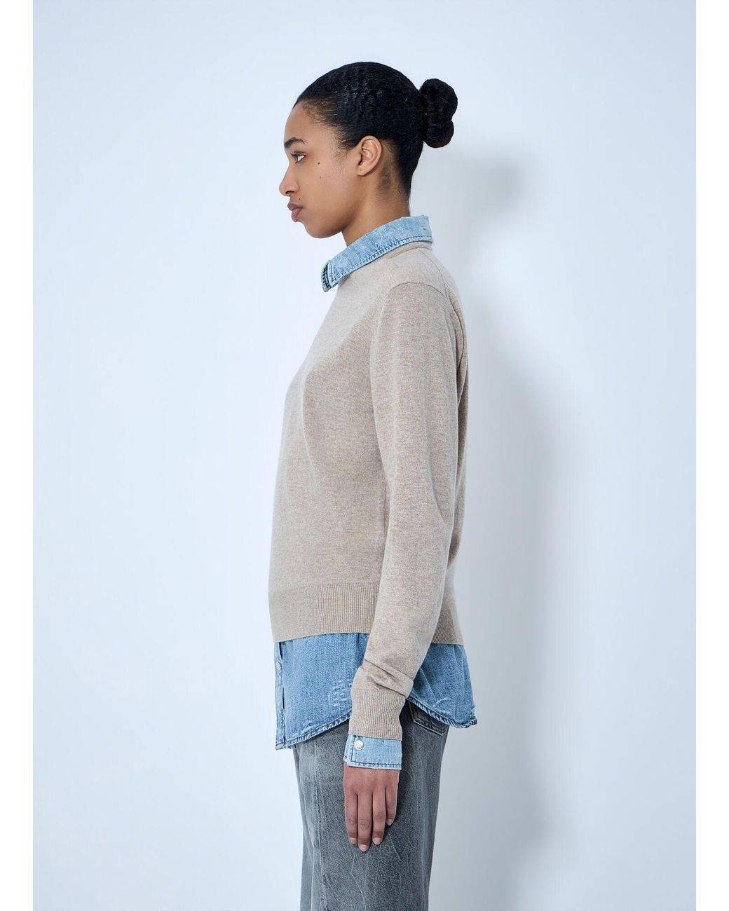 Acne Blue Layered Knit Sweater With Denim Shirt Detail