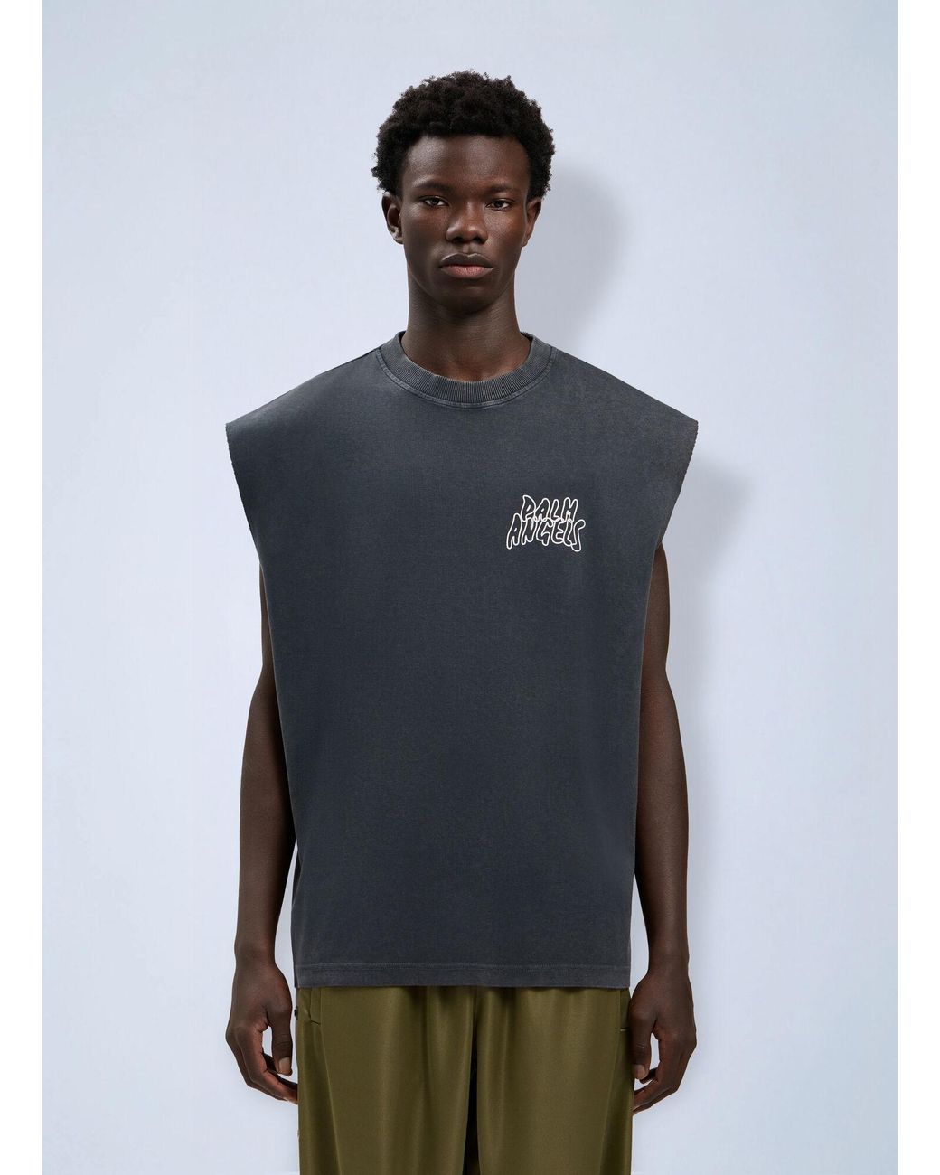 Palm Angels Blue Palm Leaf Distressed Tank for men