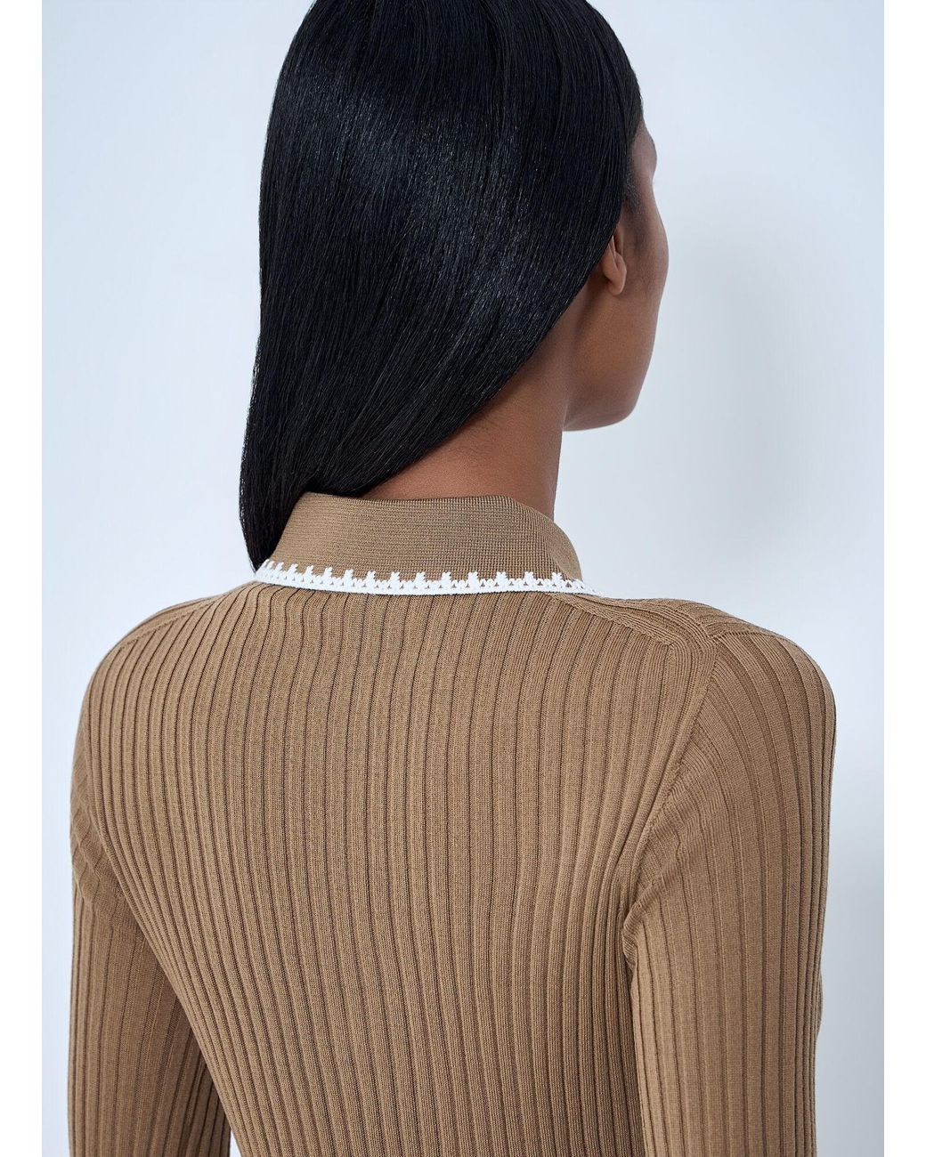 Moncler Natural Ribbed Knit Collared Top