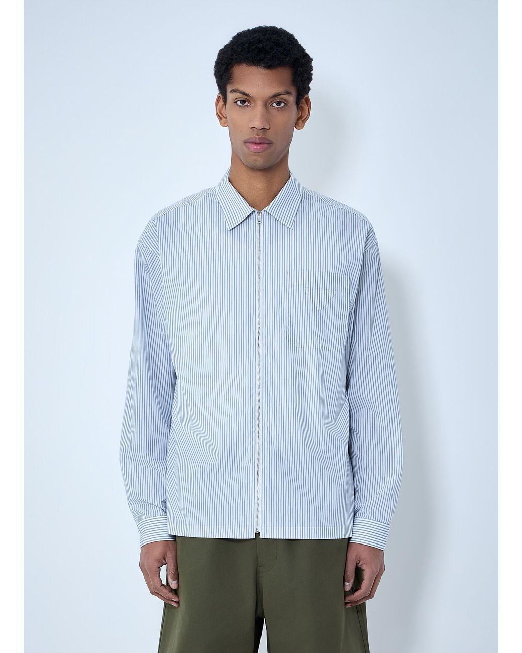 Prada Blue Zip-Front Stripe Shirt for men