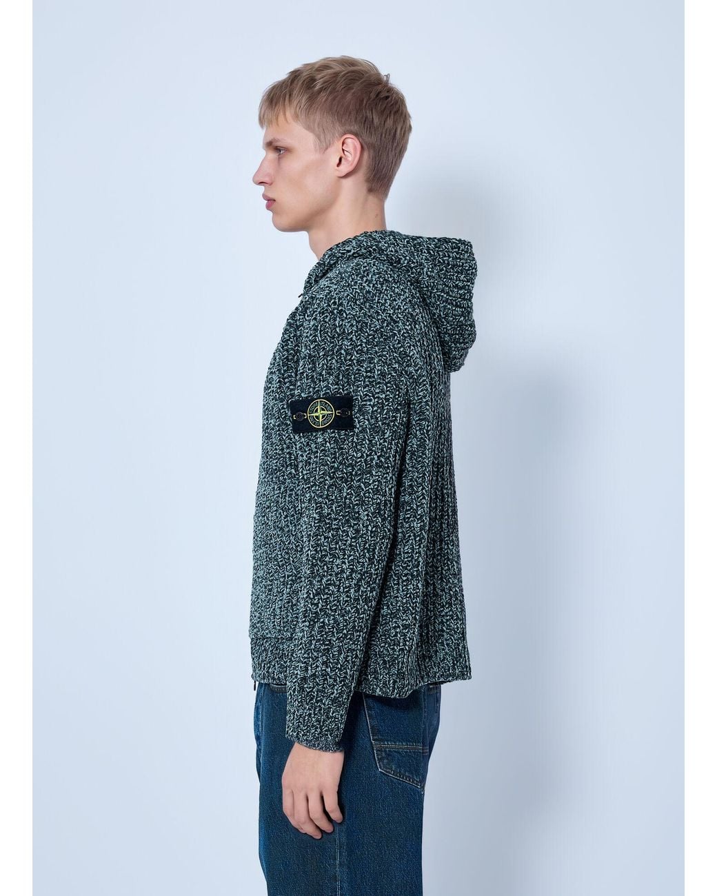 Stone Island Green Knit Zip-Up Hoodie for men