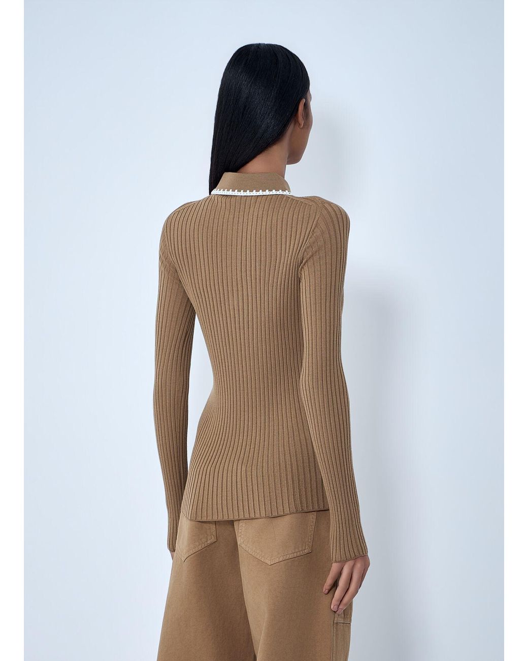 Moncler Natural Ribbed Knit Collared Top