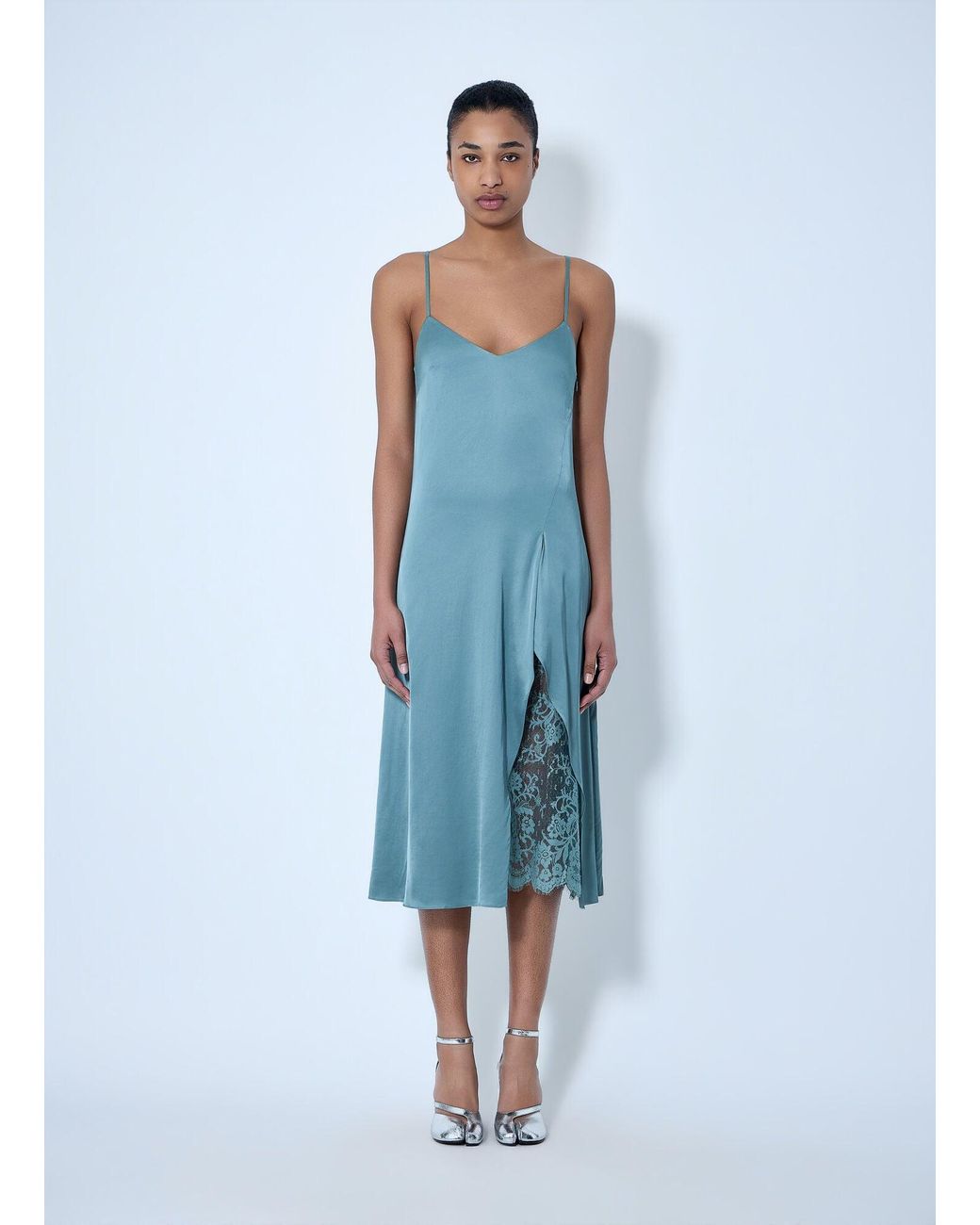Acne Blue Lace-Trimmed Slip Dress