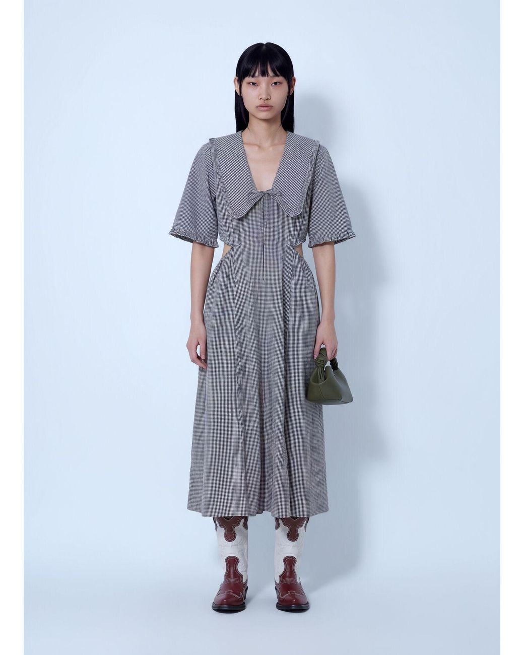 Ganni Blue Check Cotton Cut Out Midi Dress