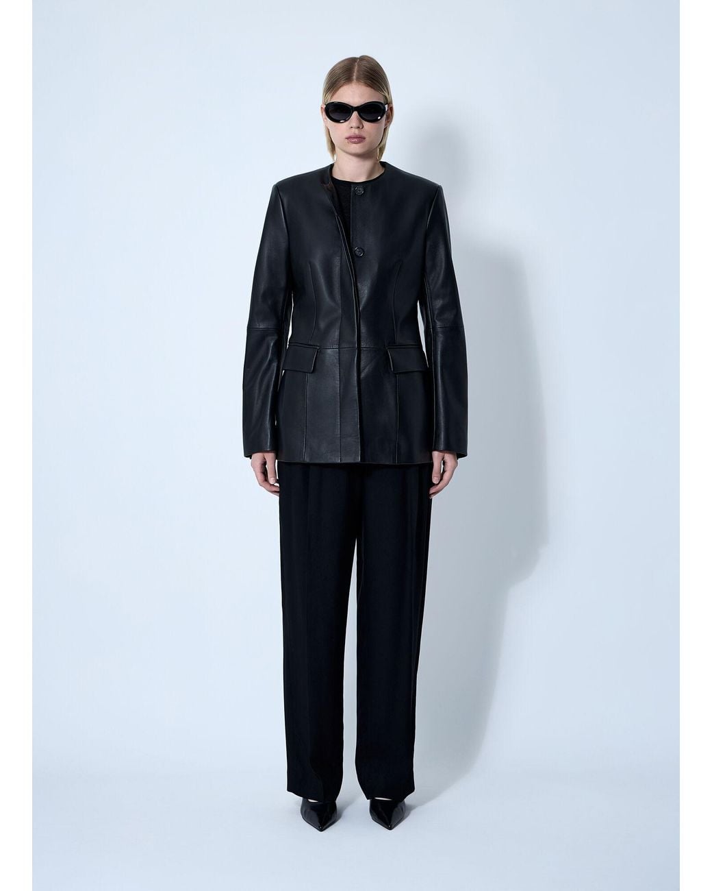 Totême Blue Collarless Leather Jacket