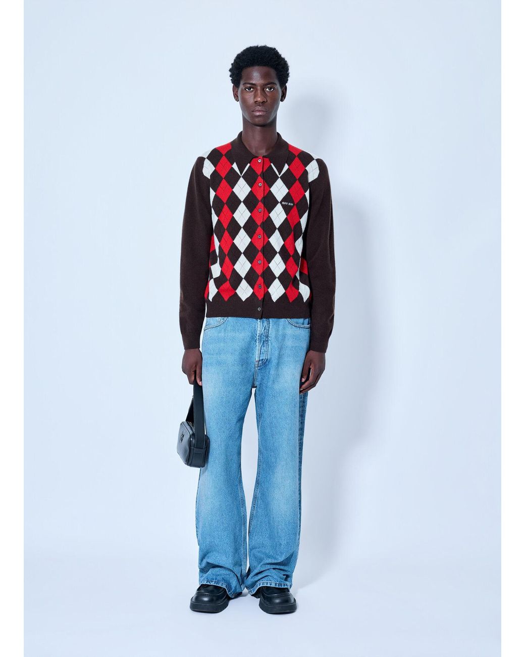 Miu Miu Red Cashmere Argyle Cardigan for men