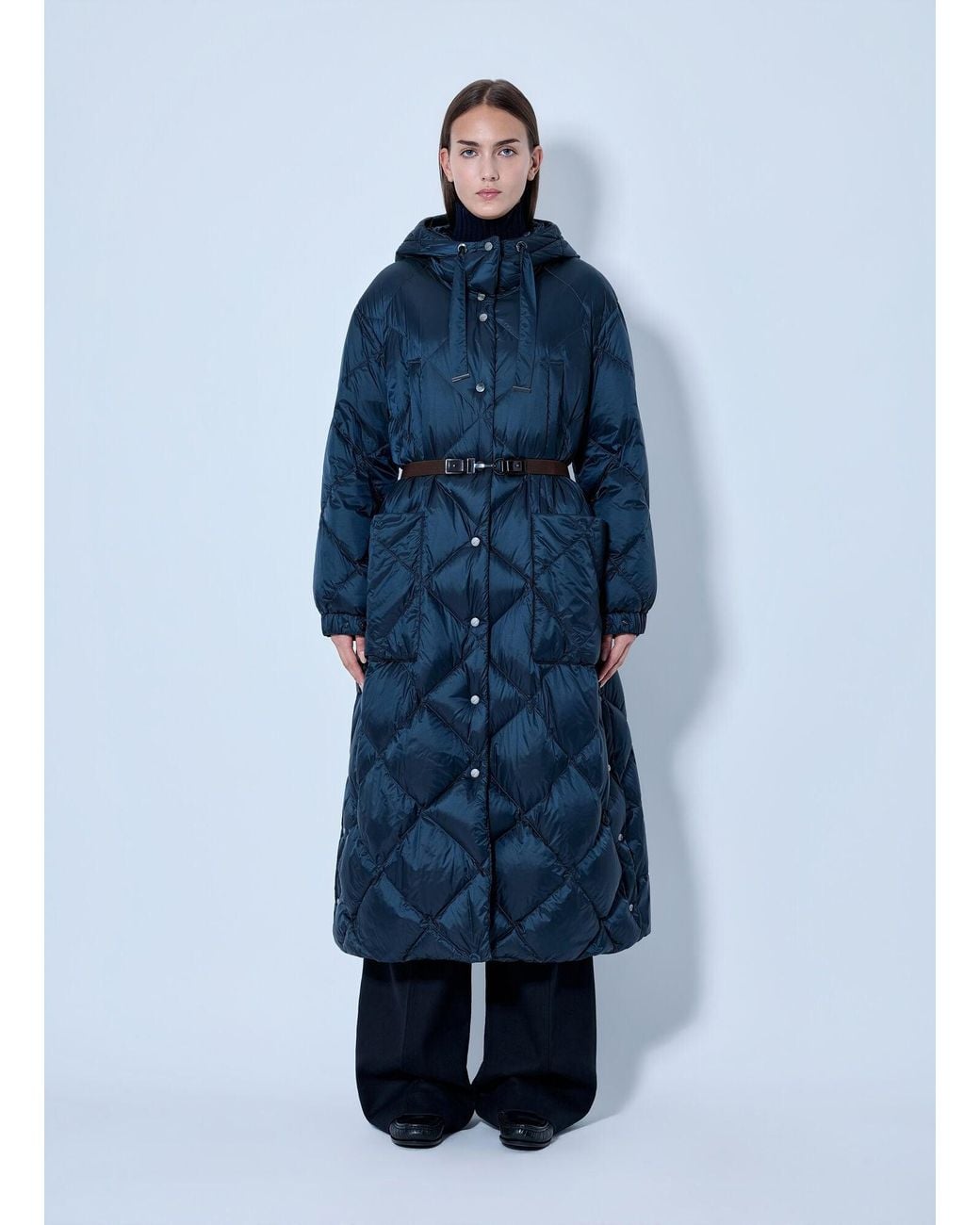 Max Mara Blue Quilted Hooded Puffer Coat