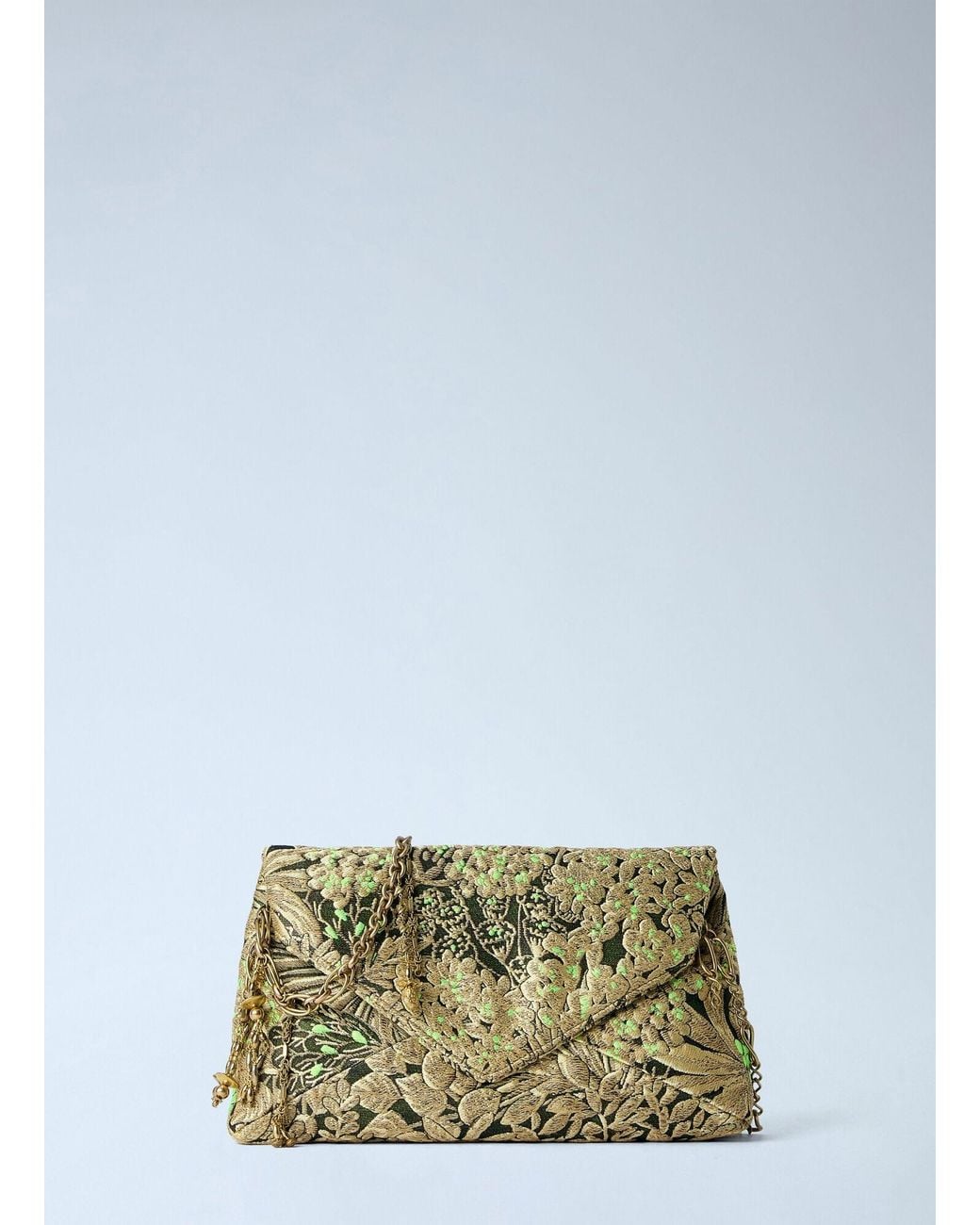 Dries Van Noten Green Floral Embroidered Clutch With Chain Strap