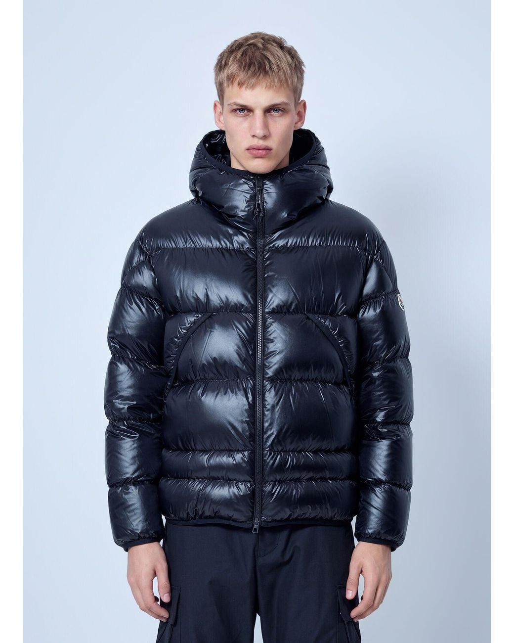 Moncler Blue Anapo Hooded Mid-length Down Jacket for men