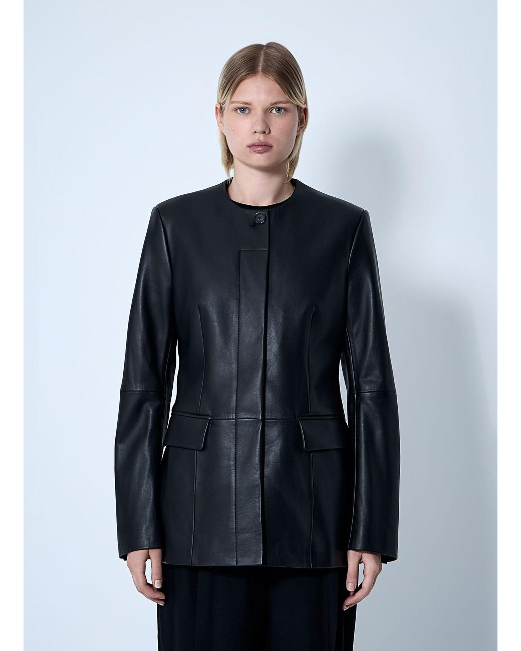 Totême Blue Collarless Leather Jacket