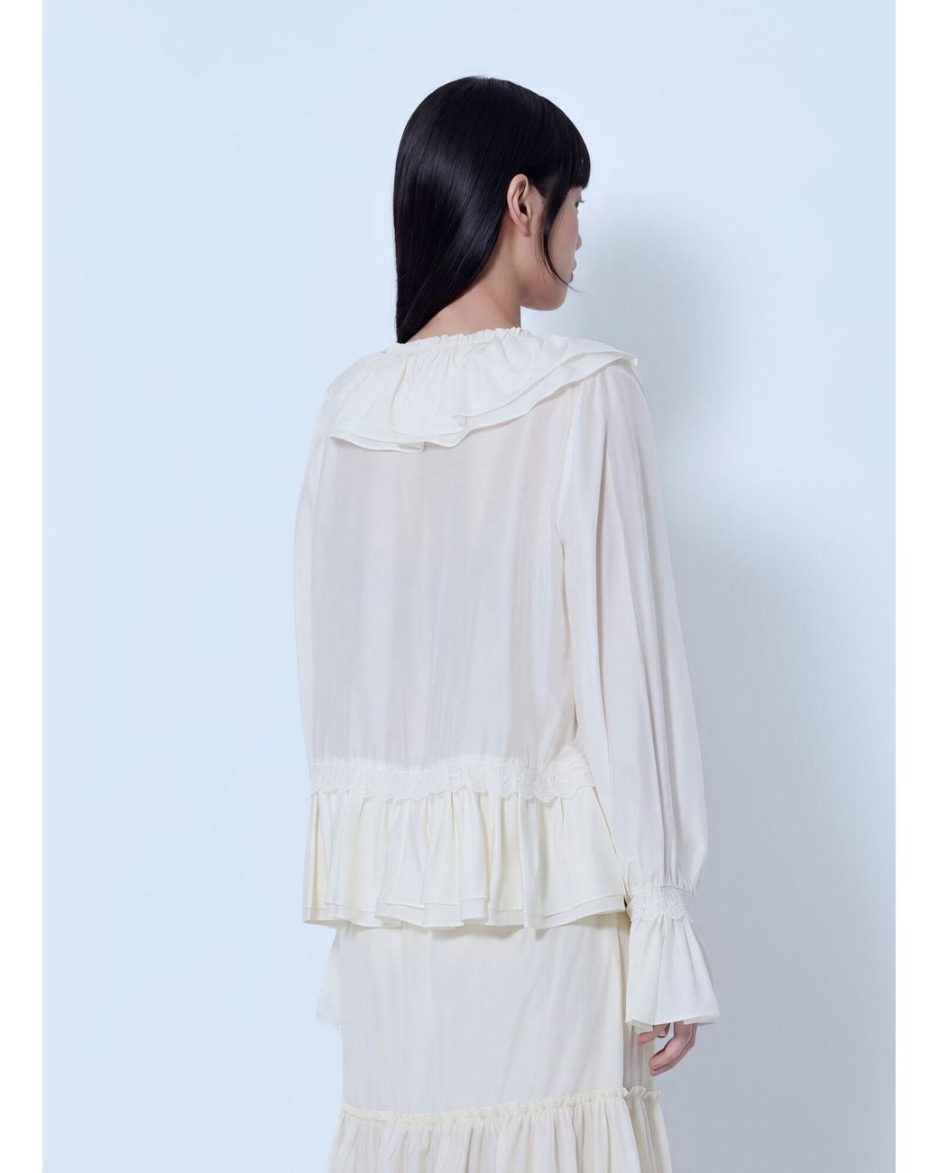 Ganni White Viscose Silk Habotai Frill Blouse