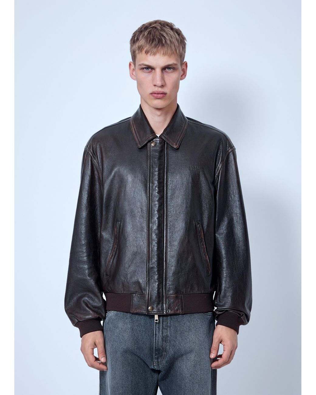 Prada Gray Nappa Leather Bomber Jacket for men